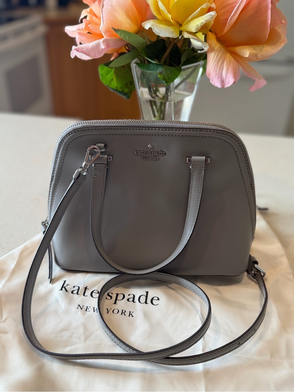 kate spade Gray Leather Dome Satchel with Detachable Crossbody Strap